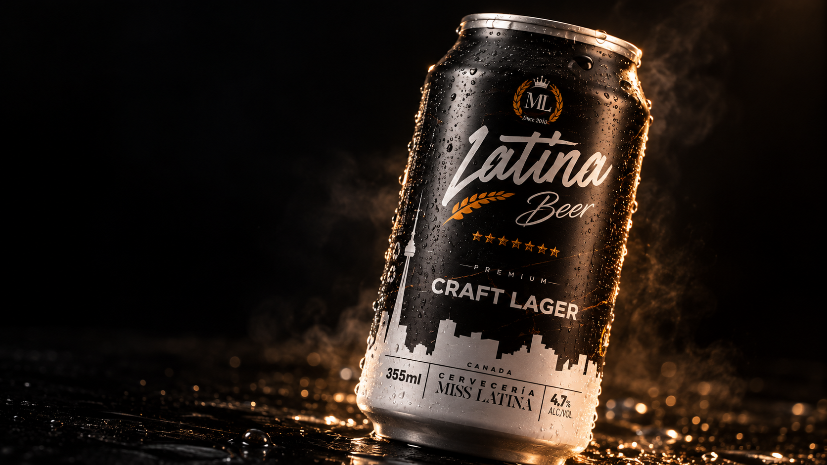 Original cinematic LATINA BEER photograph: a chilled can with warm amber light against a black background